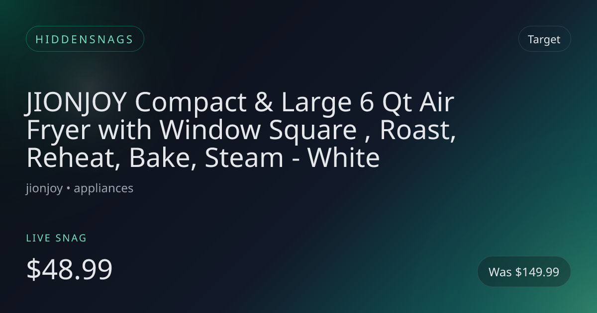 JIONJOY Compact & Large 6 Qt Air Fryer with Window Square , Roast, Reheat, Bake, Steam - White