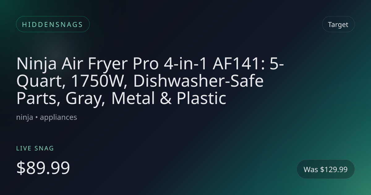 Ninja Air Fryer Pro 4-in-1 AF141: 5-Quart, 1750W, Dishwasher-Safe Parts, Gray, Metal & Plastic