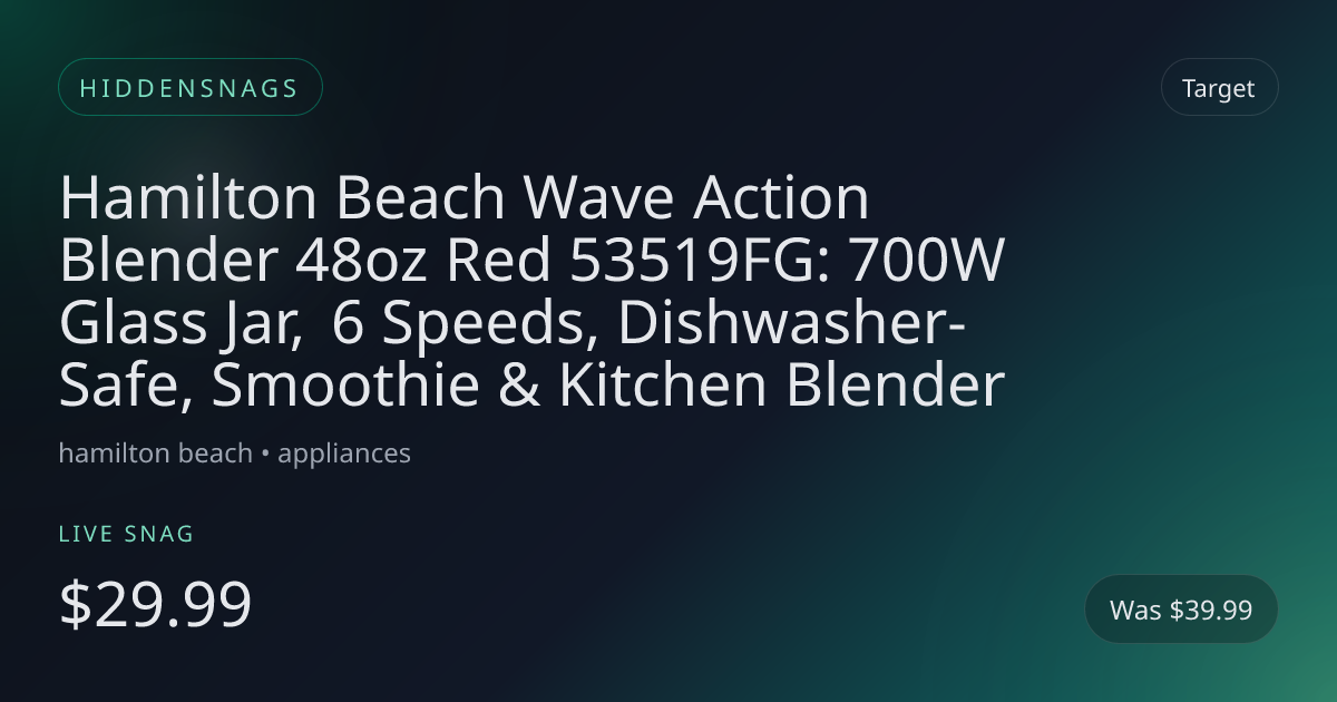 Hamilton Beach Wave Action Blender 48oz Red 53519FG: 700W Glass Jar, 6 Speeds, Dishwasher-Safe, Smoothie & Kitchen Blender