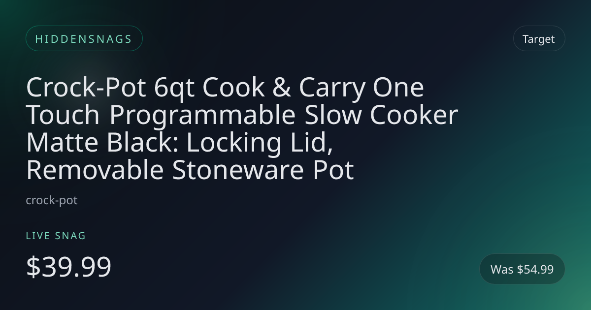 Crock-Pot 6qt Cook & Carry One Touch Programmable Slow Cooker Matte Black: Locking Lid, Removable Stoneware Pot