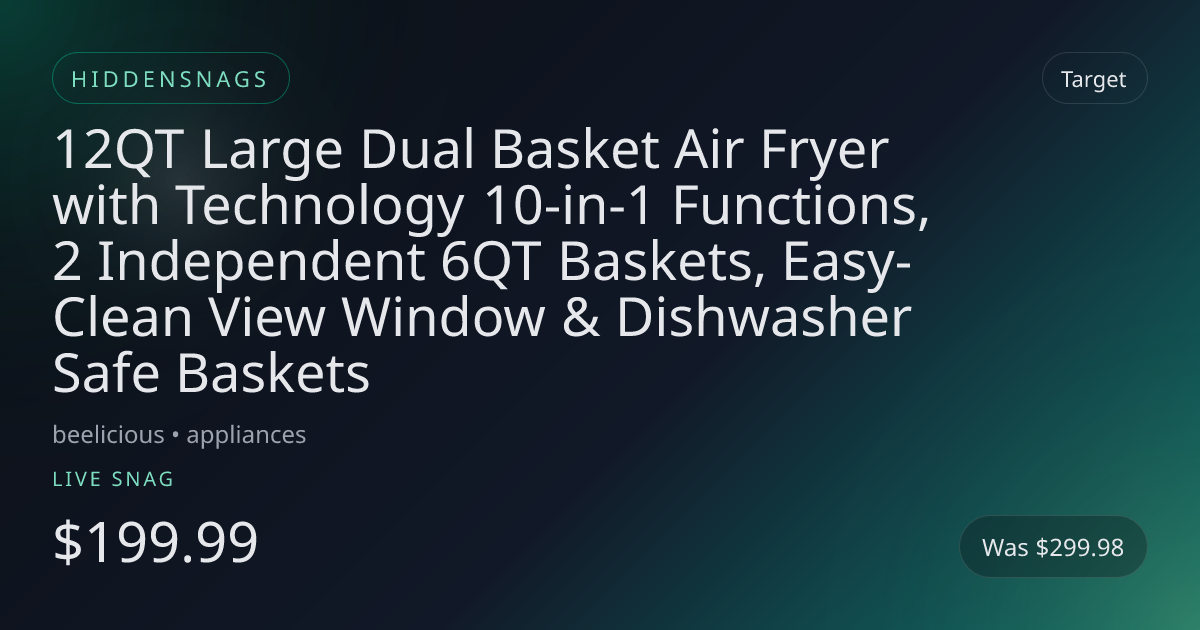 12QT Large Dual Basket Air Fryer with Technology 10-in-1 Functions, 2 Independent 6QT Baskets, Easy-Clean View Window & Dishwasher Safe Baskets