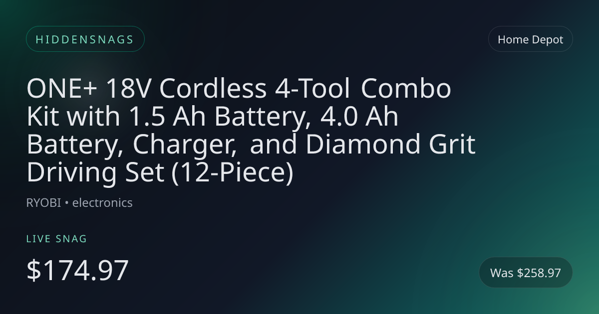 ONE+ 18V Cordless 4-Tool Combo Kit with 1.5 Ah Battery, 4.0 Ah Battery, Charger, and Diamond Grit Driving Set (12-Piece)