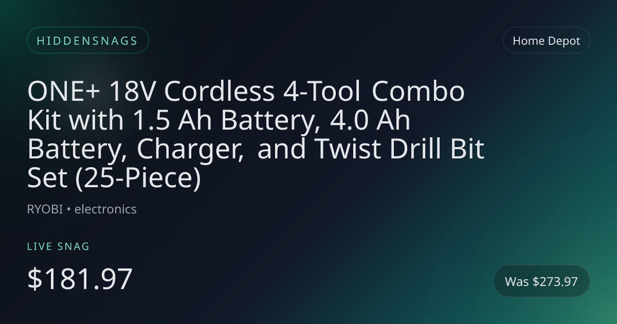 ONE+ 18V Cordless 4-Tool Combo Kit with 1.5 Ah Battery, 4.0 Ah Battery, Charger, and Twist Drill Bit Set (25-Piece)