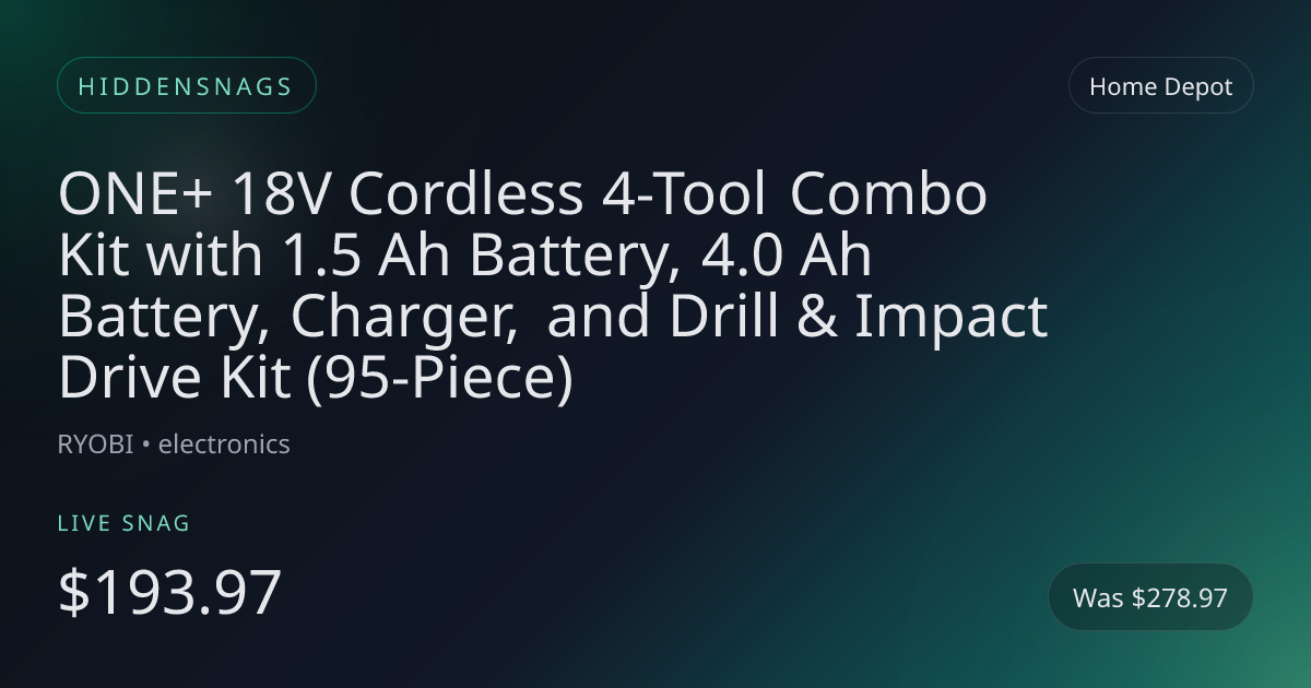 ONE+ 18V Cordless 4-Tool Combo Kit with 1.5 Ah Battery, 4.0 Ah Battery, Charger, and Drill & Impact Drive Kit (95-Piece)