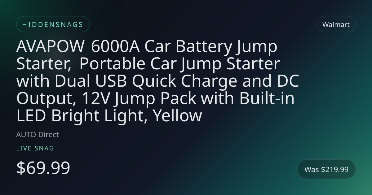 AVAPOW 6000A Car Battery Jump Starter, Portable Car Jump Starter with Dual USB Quick Charge and DC Output, 12V Jump Pack with Built-in LED Bright Light, Yellow