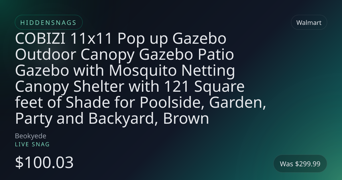 COBIZI 11x11 Pop up Gazebo Outdoor Canopy Gazebo Patio Gazebo with Mosquito Netting Canopy Shelter with 121 Square feet of Shade for Poolside, Garden, Party and Backyard, Brown