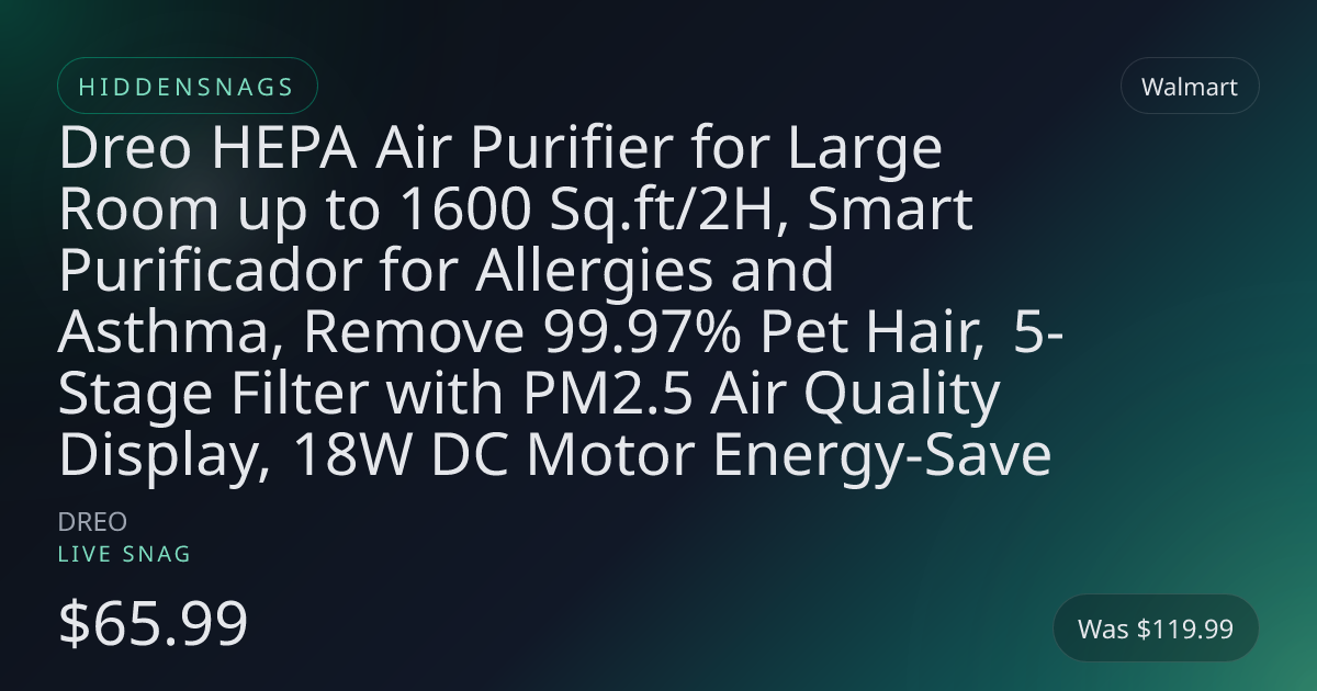 Dreo HEPA Air Purifier for Large Room up to 1600 Sq.ft/2H, Smart Purificador for Allergies and Asthma, Remove 99.97% Pet Hair, 5-Stage Filter with PM2.5 Air Quality Display, 18W DC Motor Energy-Save