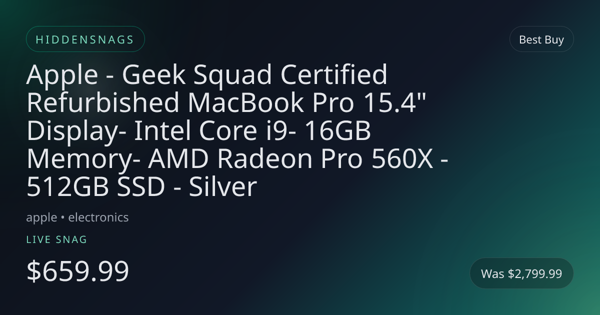 Apple - Geek Squad Certified Refurbished MacBook Pro 15.4" Display- Intel Core i9- 16GB Memory- AMD Radeon Pro 560X - 512GB SSD - Silver