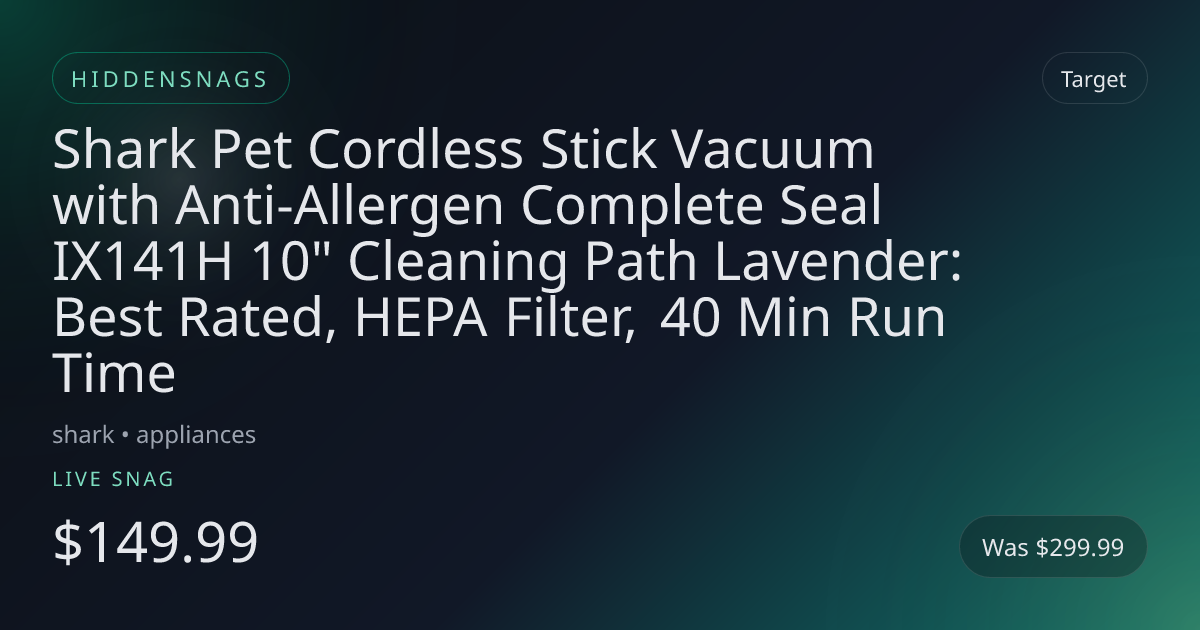 Shark Pet Cordless Stick Vacuum with Anti-Allergen Complete Seal IX141H 10" Cleaning Path Lavender: Best Rated, HEPA Filter, 40 Min Run Time