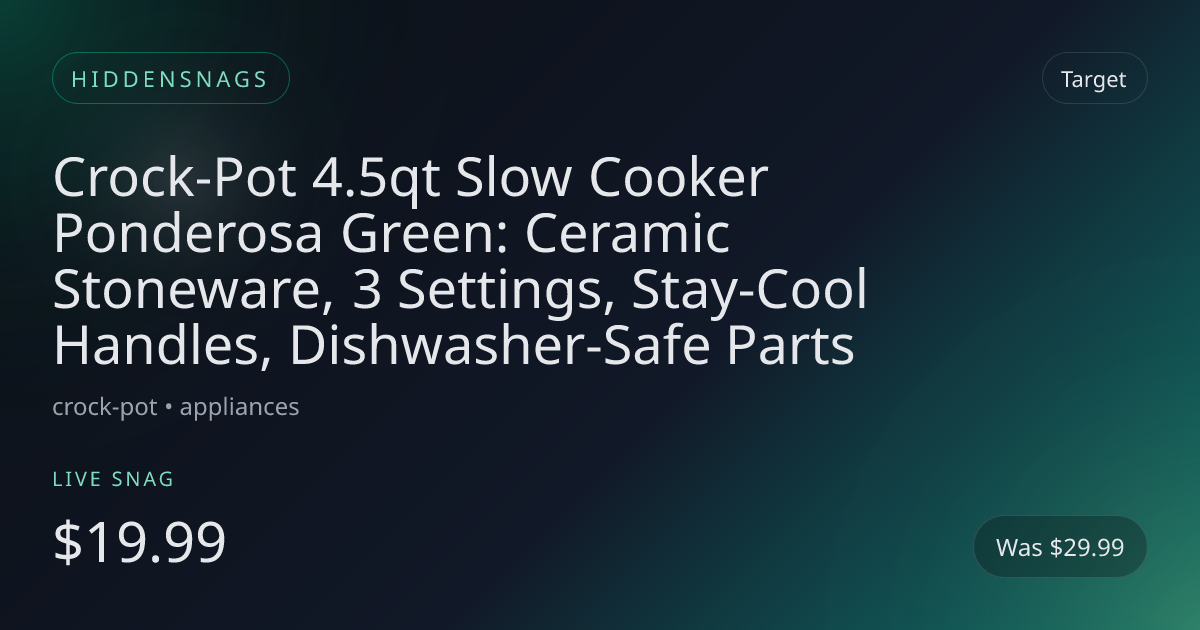 Crock-Pot 4.5qt Slow Cooker Ponderosa Green: Ceramic Stoneware, 3 Settings, Stay-Cool Handles, Dishwasher-Safe Parts