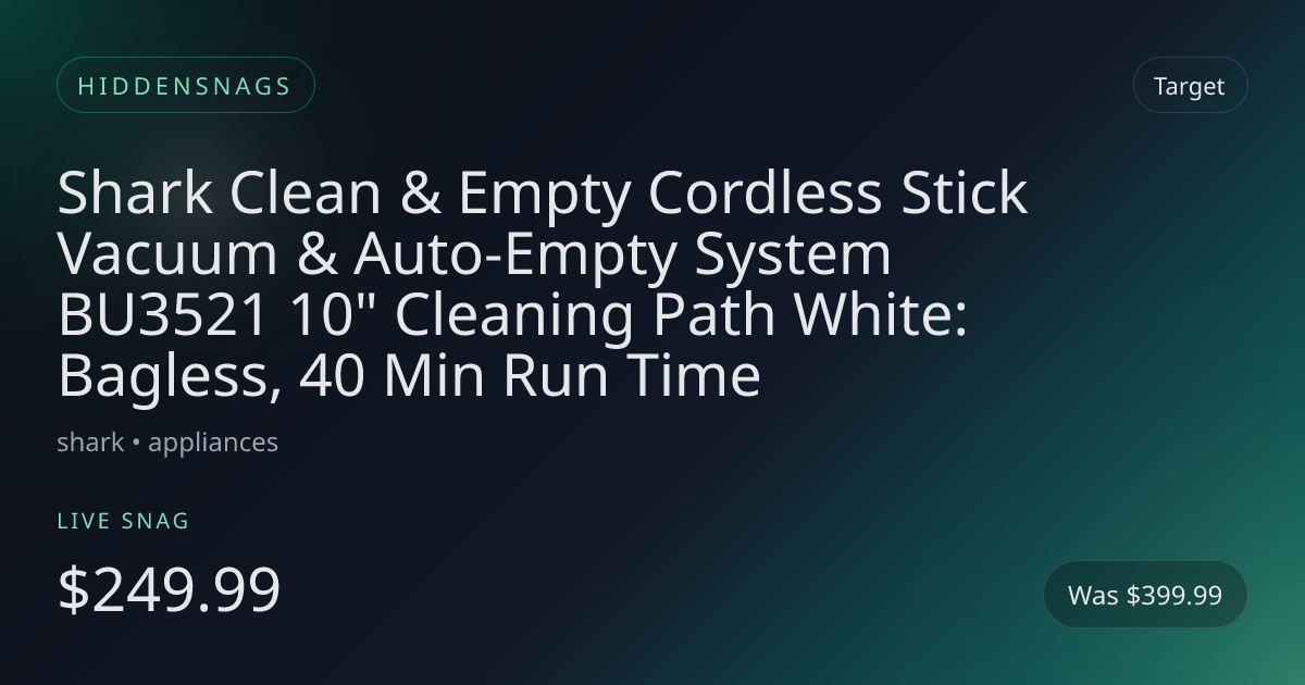 Shark Clean & Empty Cordless Stick Vacuum & Auto-Empty System BU3521 10" Cleaning Path White: Bagless, 40 Min Run Time