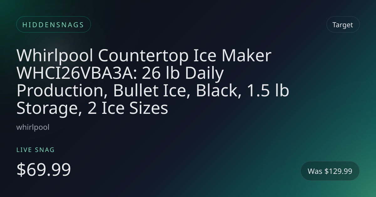 Whirlpool Countertop Ice Maker WHCI26VBA3A: 26 lb Daily Production, Bullet Ice, Black, 1.5 lb Storage, 2 Ice Sizes