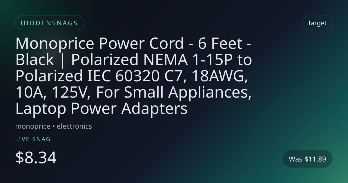 Monoprice Power Cord - 6 Feet - Black | Polarized NEMA 1-15P to Polarized IEC 60320 C7, 18AWG, 10A, 125V, For Small Appliances, Laptop Power Adapters