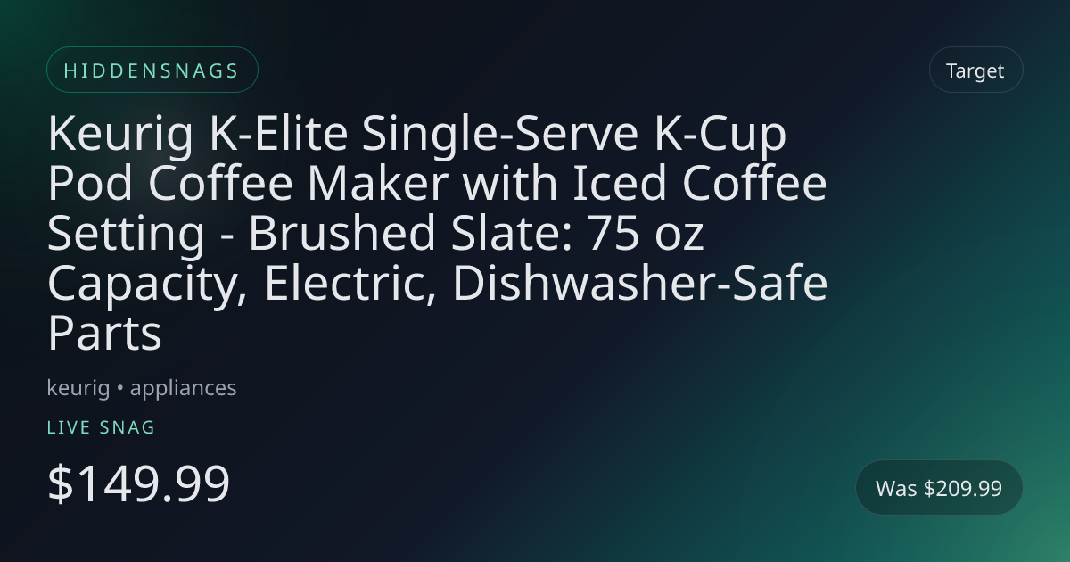 Keurig K-Elite Single-Serve K-Cup Pod Coffee Maker with Iced Coffee Setting - Brushed Slate: 75 oz Capacity, Electric, Dishwasher-Safe Parts